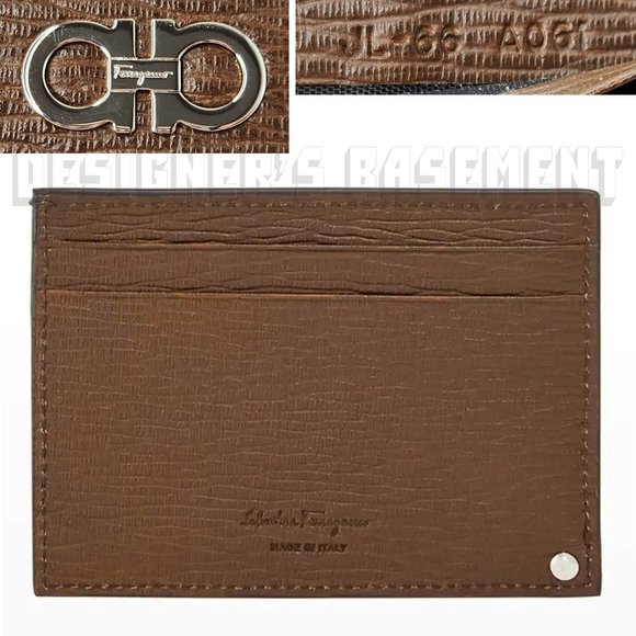 SALVATORE FERRAGAMO brown/blck REVIVAL leather GANCINI Flip-out ID card case NIB - Picture 5 of 8